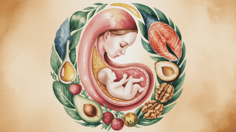 Illustration of pregnancy with healthy fetus surrounded by nutritious foods for anti-inflammatory di.