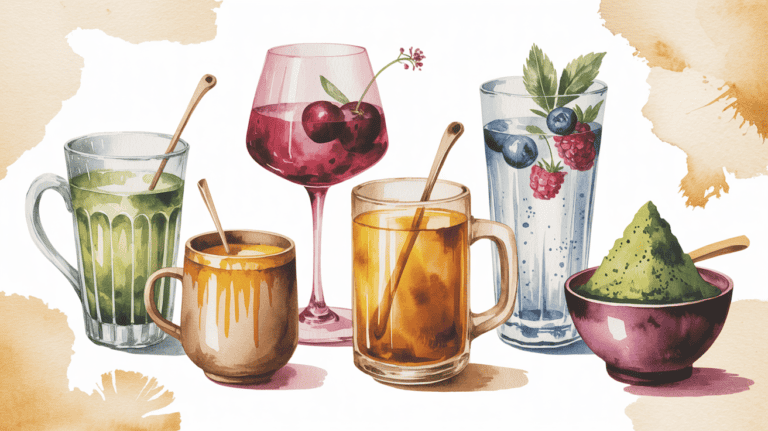 Healthy anti-inflammatory drinks with berries, greens, and herbal infusions.