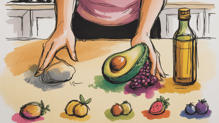 Healthy avocado and colorful fruits promoting anti-inflammatory benefits.