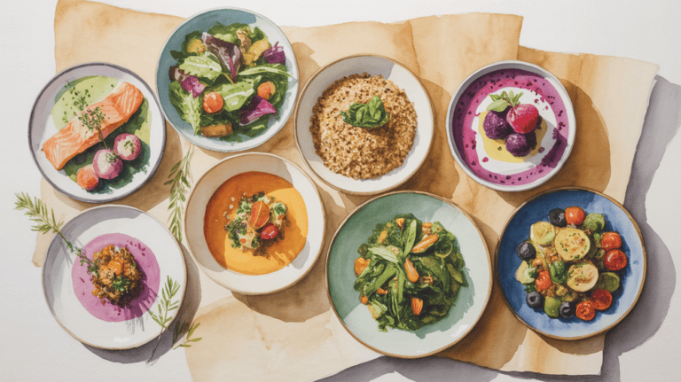 Anti-inflammatory diet meal with colorful vegetables, grains, and berries for health benefits.