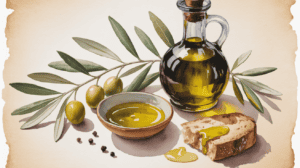 Olive oil, bread, and herbs promoting anti-inflammatory health benefits.