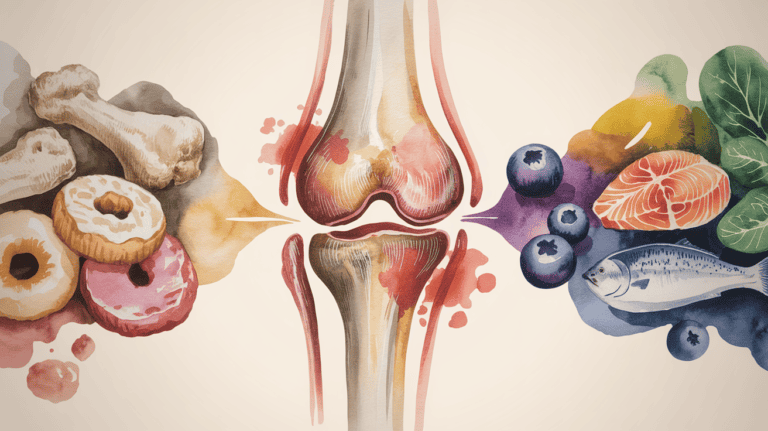 Illustration of inflamed joint with anti-inflammatory foods like berries and fish.