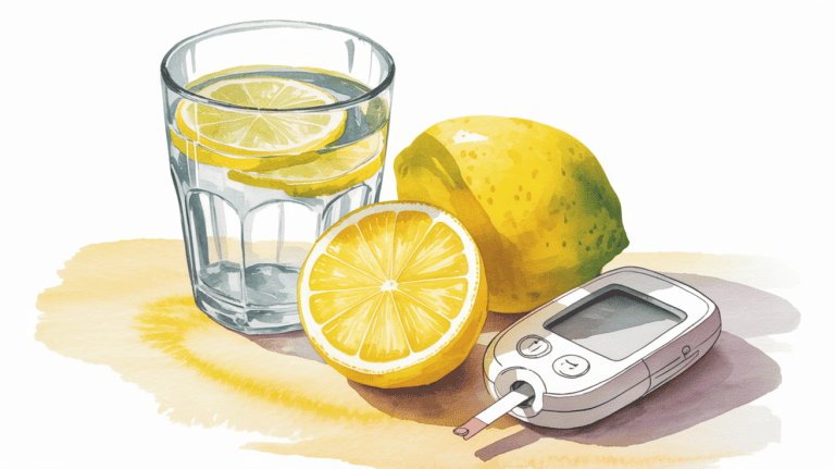 Glass of lemon water with a lemon and glucose meter for anti-inflammatory health benefits.