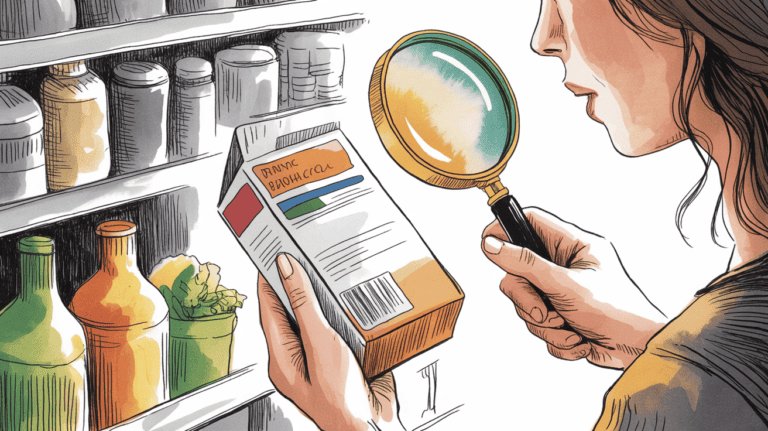 Woman inspecting supplement bottles with magnifying glass for anti-inflammatory health benefits.
