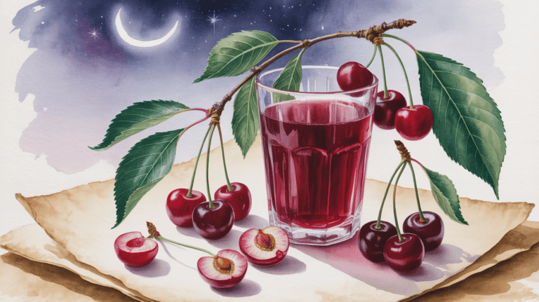 Glass of cherry juice with fresh cherries and leaves, night scene with moonlight.