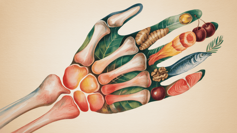 Illustration of anti-inflammatory foods and herbs on a hand model.