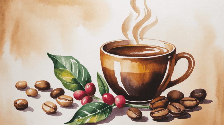 Coffee cup with steaming coffee, surrounded by coffee beans and green leaves, emphasizing anti-infla.