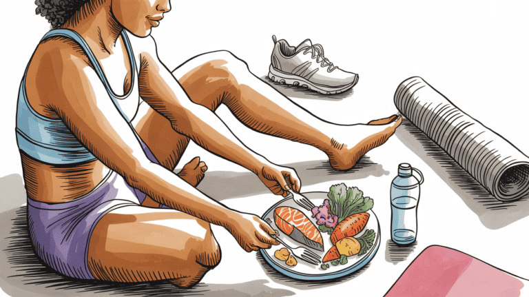 Woman stretching after workout with healthy anti-inflammatory foods and water.
