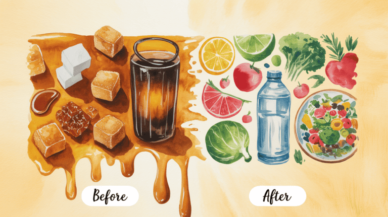 Before and after sugar reduction with healthy foods for anti-inflammatory diet.