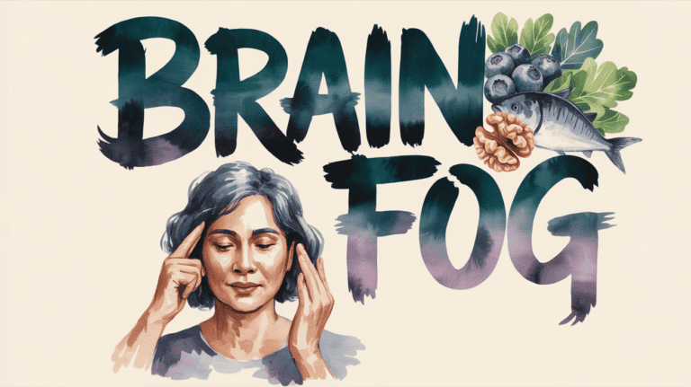 Woman experiencing mental clarity with anti-inflammatory foods like berries, fish, and leafy greens.