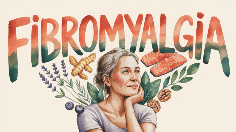 Woman with fibromyalgia surrounded by anti-inflammatory foods and herbs.